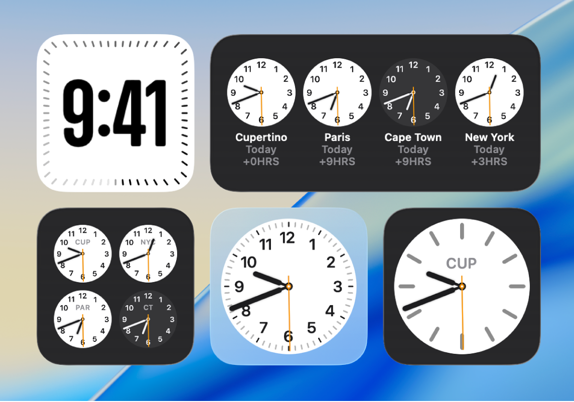 Multiple Clock widgets on the desktop showing the current time in various cities worldwide.