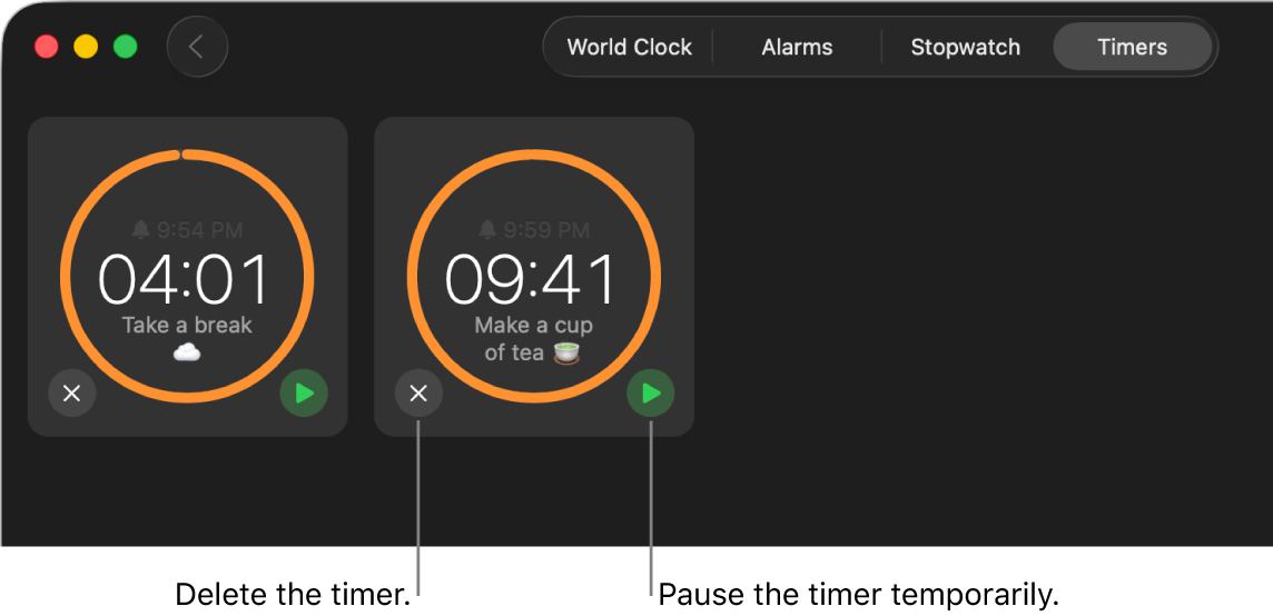 Two timers running in the Clock window. Each timer is labeled with the time it will end, how much time is left, and the label surrounded by a yellow arc on a gray circle. The arc indicates what portion of the timer is left. Buttons to remove or pause each timer appear below the circles.