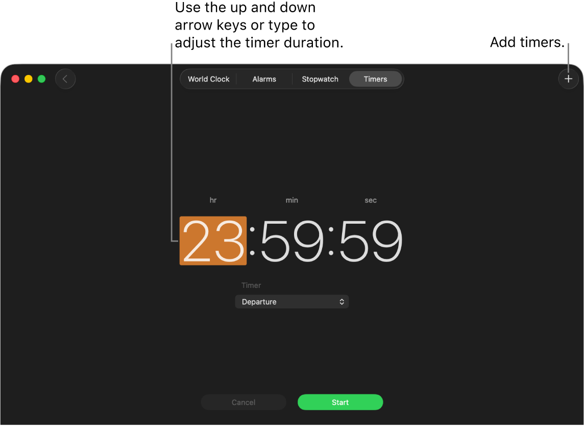 The Timers pane of the Clock app showing a time in hours, minutes, and seconds.