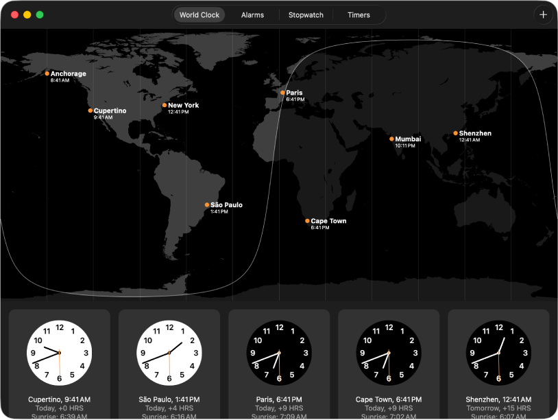 On the World Clock pane of the Clock app, labels identify cities and their local times. Below the map is a row of clocks, one for each of five of the cities on the world map, with additional details for each.