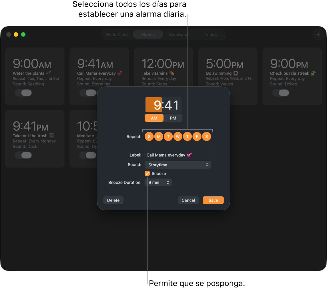 La ventana emergente para configurar una alarma en la app Reloj.