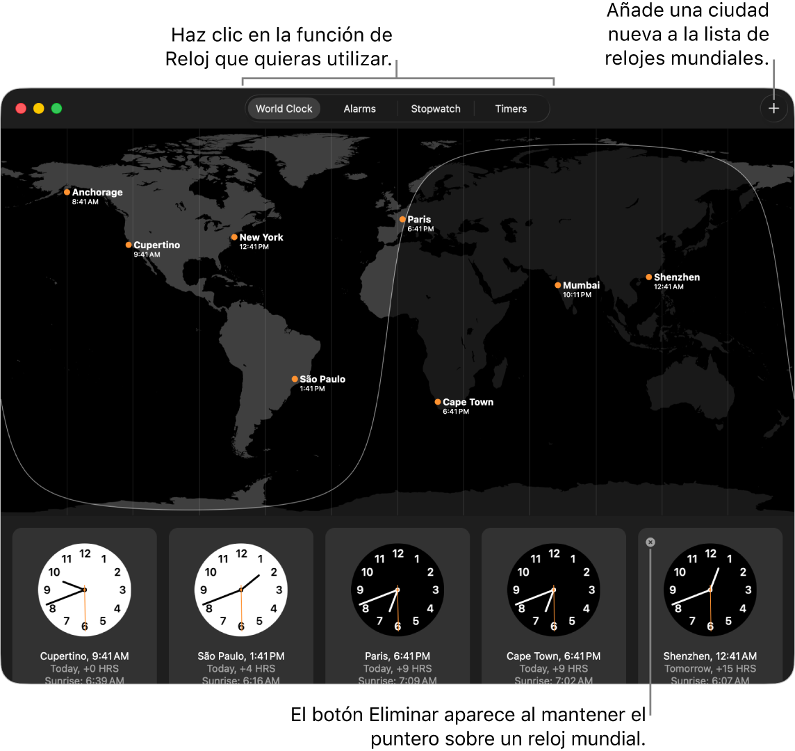 El panel “Reloj mundial” de la app Reloj, con la hora local y las horas de puesta y salida del sol de distintas ciudades del mundo. Las pestañas de la parte superior de la ventana Reloj dan acceso a otras funciones. Arriba a la derecha hay un botón Añadir que te permite añadir una ciudad.