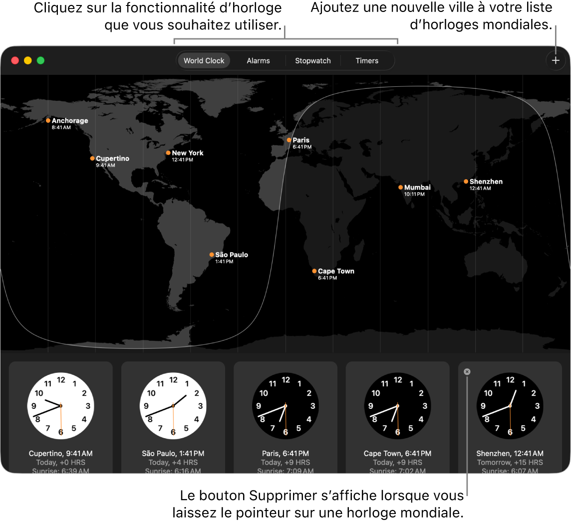 La sous-fenêtre Horloges de l’app Horloge, indiquant l’heure locale, le lever et le coucher du soleil dans différentes villes du monde. Les onglets situés en haut de la fenêtre Horloge permettent d’accéder à d’autres fonctionnalités. Un bouton Ajouter se trouve en haut à droite pour ajouter une ville.