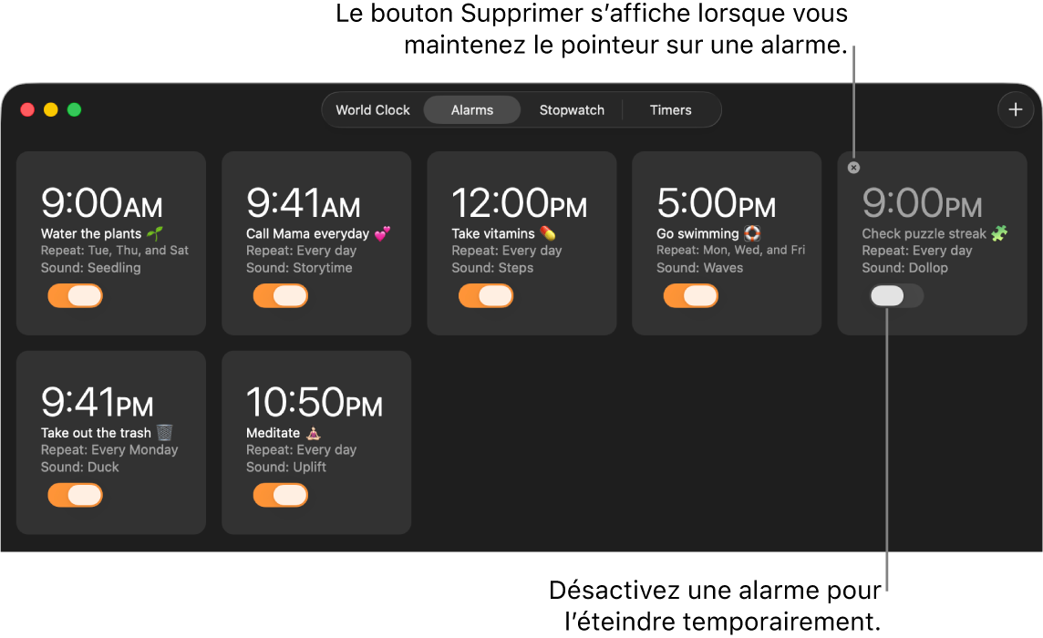 La sous-fenêtre Alarmes de l’app Horloge, avec plusieurs alarmes affichant différentes tâches et heures.