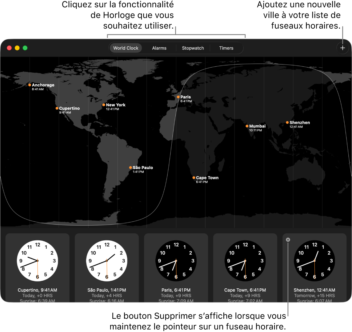 La sous-fenêtre Horloges de l’app Horloge affichant lʼheure locale, lʼheure du lever et lʼheure du coucher de soleil dans plusieurs villes à travers le monde. Les onglets situés en haut de la fenêtre Horloge sont liés à d’autres fonctionnalités. Un bouton Ajouter permettant d’ajouter une ville se trouve en haut à droite.