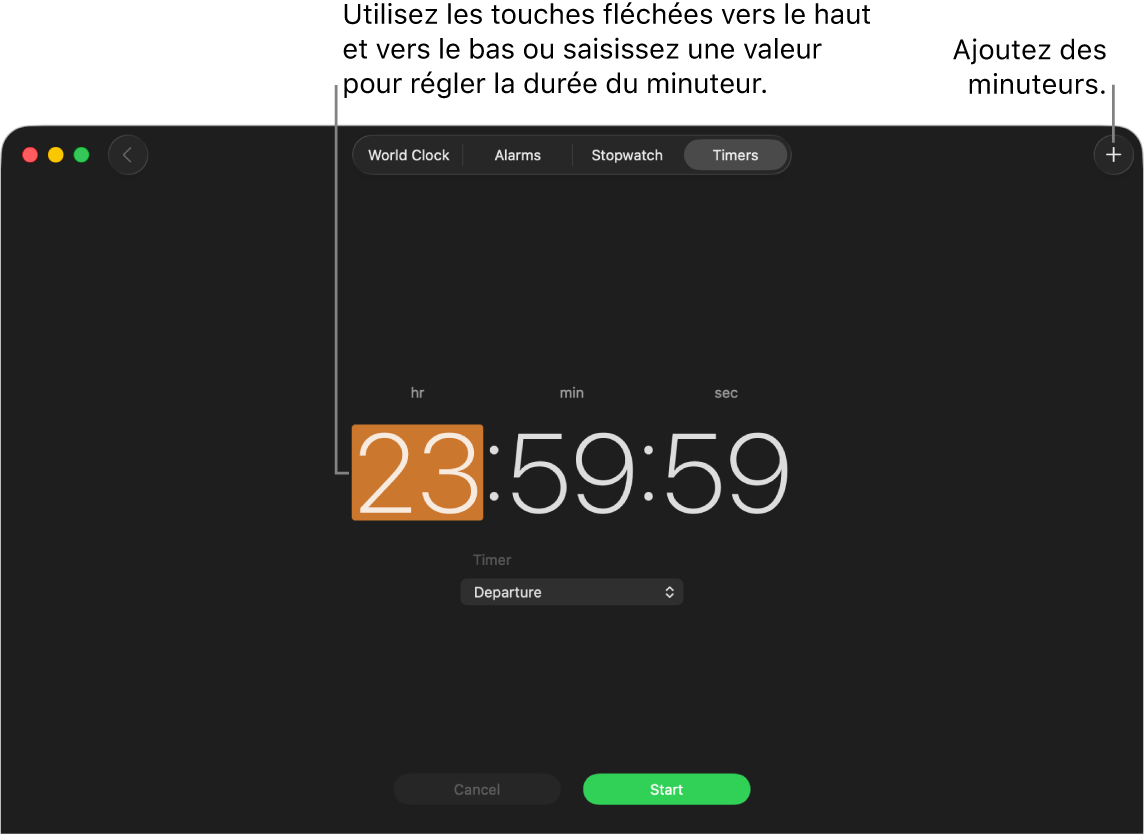 La sous-fenêtre Minuteurs de l’app Horloge affichant une durée exprimée en heures, minutes et secondes.