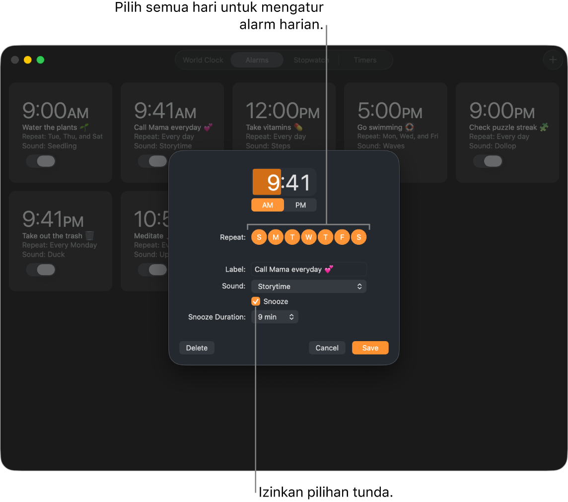 Jendela pop-up untuk mengatur alarm di app Jam.