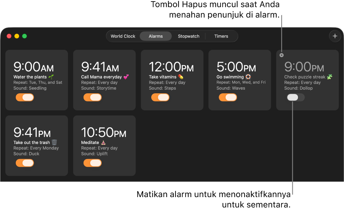 Panel Alarm pada app Jam, dengan beberapa alarm yang menampilkan berbagai tugas dan waktu.