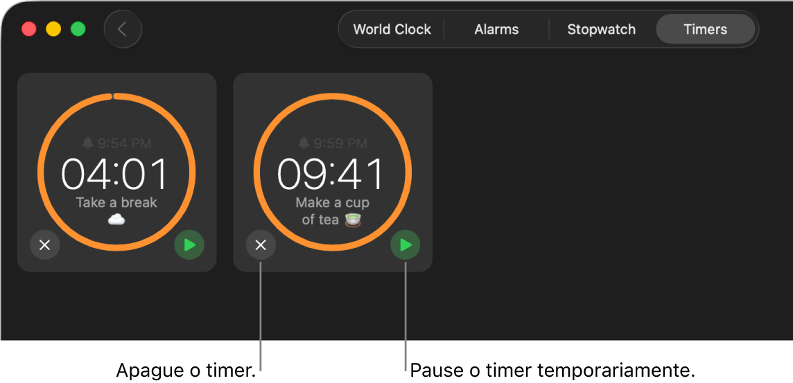 Dois timers ativados na janela do app Relógio. Cada timer mostra o tempo em que terminará, quanto tempo falta e o nome rodeado por um arco amarelo em um círculo cinza. O arco indica qual parte do timer ainda resta. Botões para remover ou pausar cada timer são mostrados abaixo dos círculos.