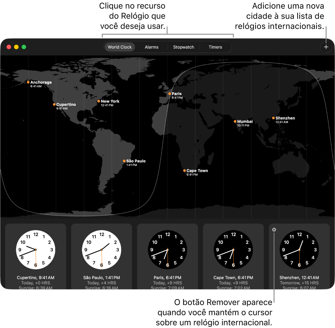 Painel Relógio do app Relógio, mostrando a hora local, o nascer do sol e o pôr do sol em várias cidades ao redor do mundo. As abas na parte superior da janela do app Relógio levam a outros recursos. Há um botão Adicionar no canto superior direito para adicionar uma cidade.