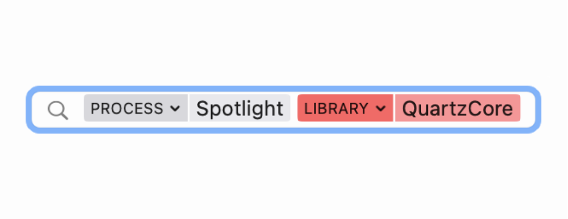 The search field in the Console window showing the search criteria set to find messages from the Spotlight process, but not from the QuartzCore library.