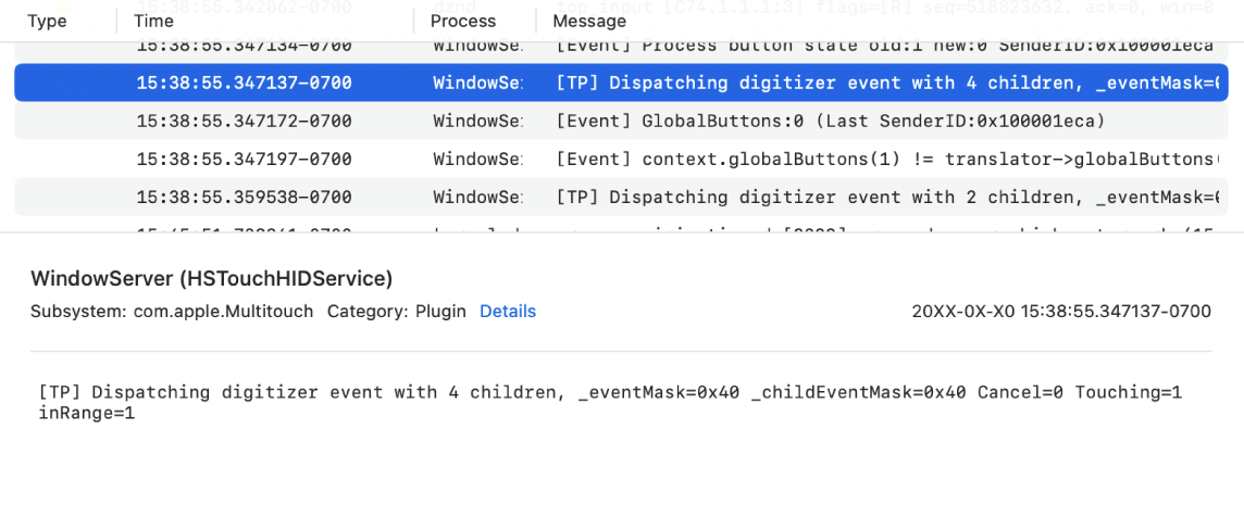 The Console window with a log message selected and details in the bottom pane.