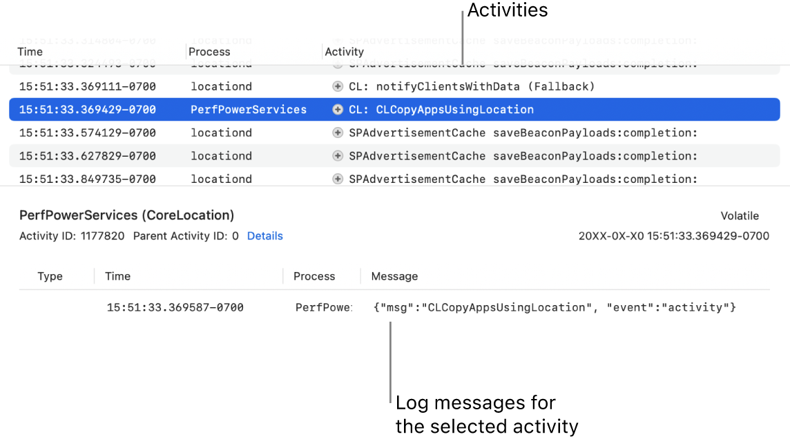 The Console window showing activities on the top and log messages for the selected activity on the bottom.
