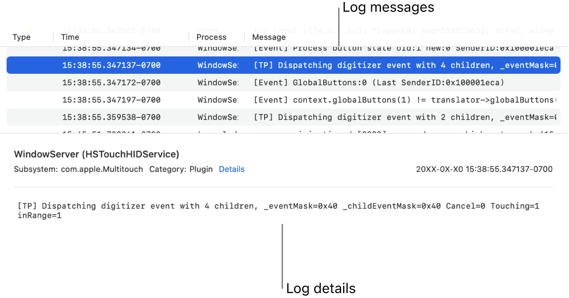The Console window showing log messages on the top and log details on the bottom.