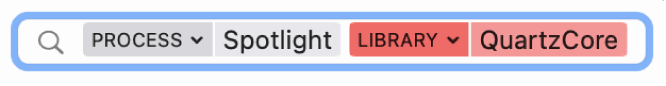 Search field in the Console window with the search criteria set to find messages from the Spotlight process, but not from the QuartzCore library.