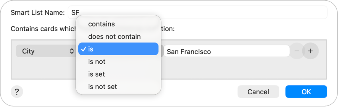 The Smart List dialog showing a list named SF and a condition with three criteria.