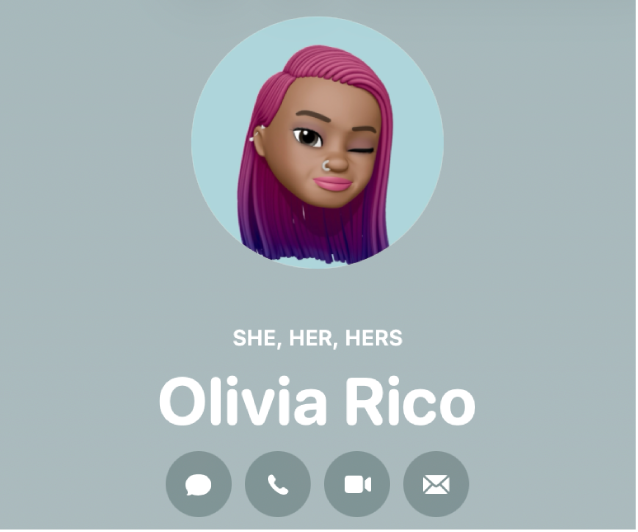 Contact card showing the contact’s pronouns under the name.