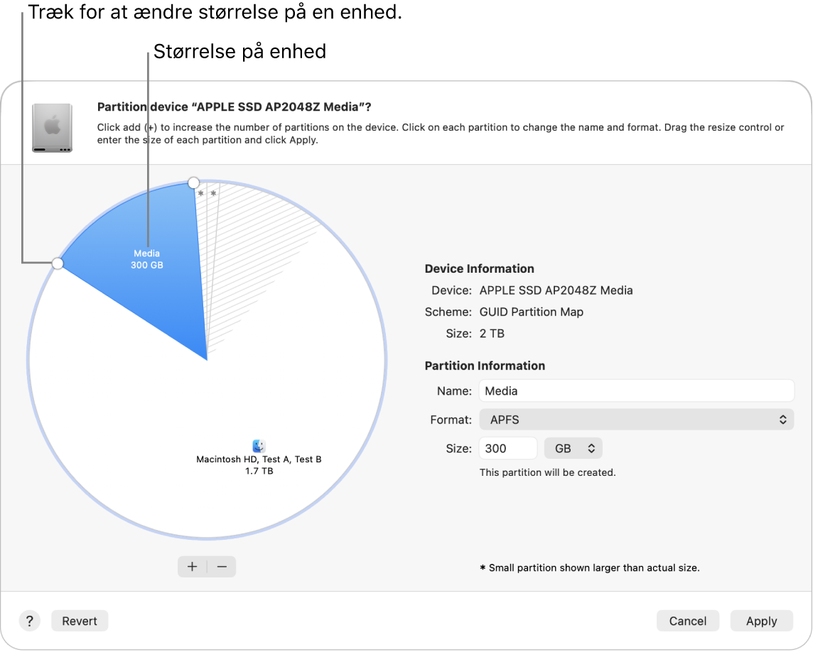 Vinduet Partitioner, der viser en fysisk disk med flere partitioner.