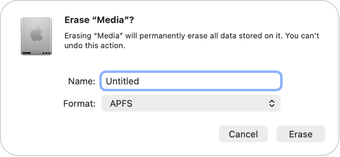 The Erase dialog showing the name and format fields.