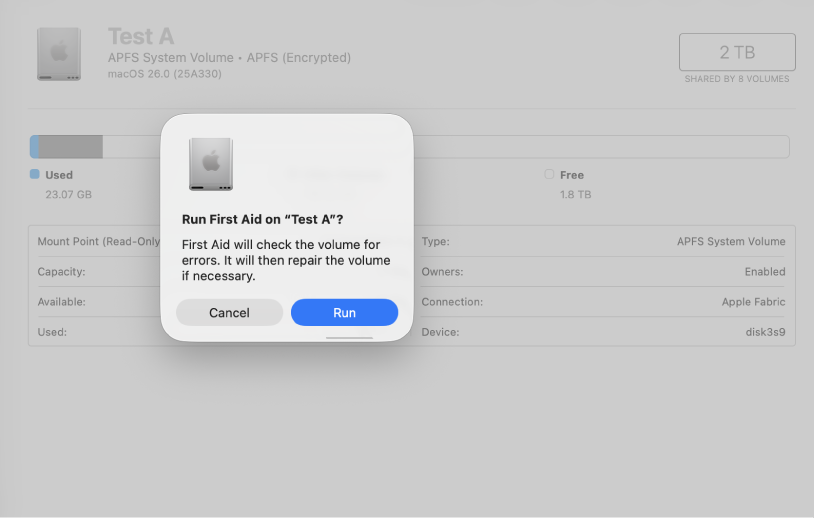 A Disk Utility window showing the First Aid confirmation dialog.