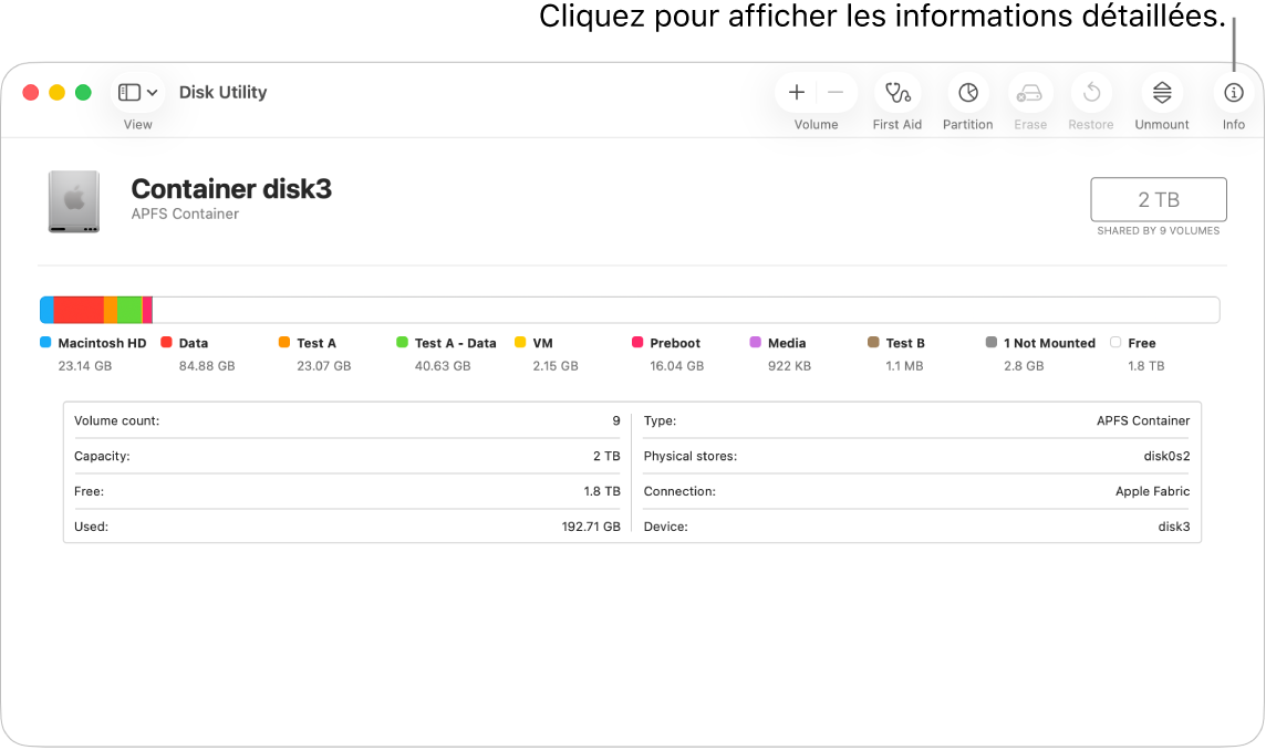 Une fenêtre d’Utilitaire de disque affichant un périphérique de stockage et des informations à son sujet.