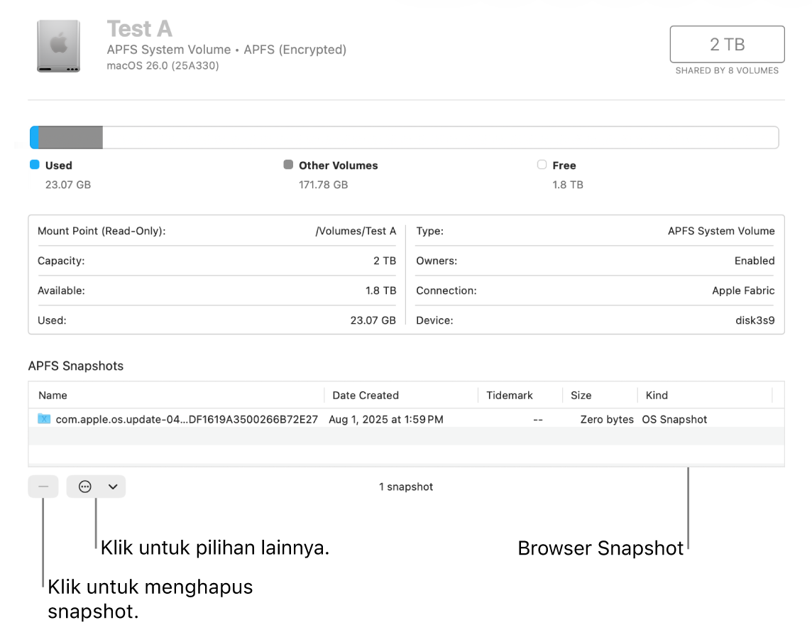 Jendela Utilitas Disk menampilkan browser snapshot.