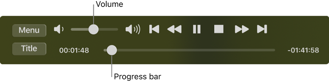 The DVD Player playback controls, with the volume slider in the top-left area and the timeline at the bottom. Drag the progress handle in the timeline to go to a different place in the movie.