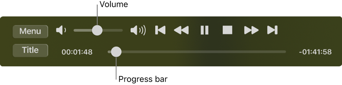 The DVD Player playback controls, with the volume slider in the top-left area and the timeline at the bottom. Drag the progress handle in the timeline to go to a different place in the movie.