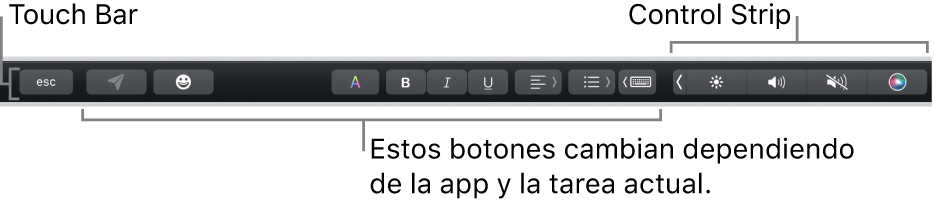 Touch Bar en la parte superior del teclado, mostrando la Control Strip contraída a la derecha y botones que varían según la app o tarea.