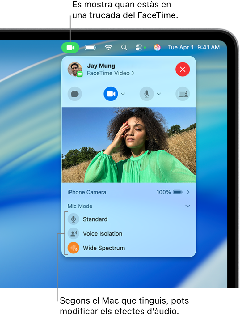 El centre de control a l’angle superior dret de la pantalla del Mac amb el botó de vídeo (que apareix quan estàs en una trucada del FaceTime) i les opcions del mode de micròfon (per canviar els efectes d’àudio, segons el Mac que tinguis).