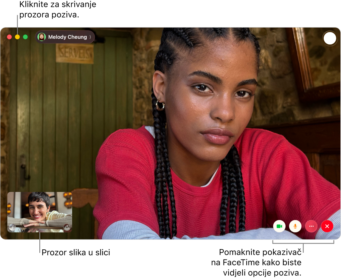 Pomaknite pokazivač preko prozora aplikacije FaceTime kako biste vidjeli opcije Rubni stupac, Kamera, Isključi zvuk, Dijeljenje zaslona, Završi poziv i Live Photo. Kliknite srednju tipku u gornjem lijevom kutu za skrivanje prozora poziva. Prozor sa slikom u slici pojavljuje se u donjem lijevom kutu.