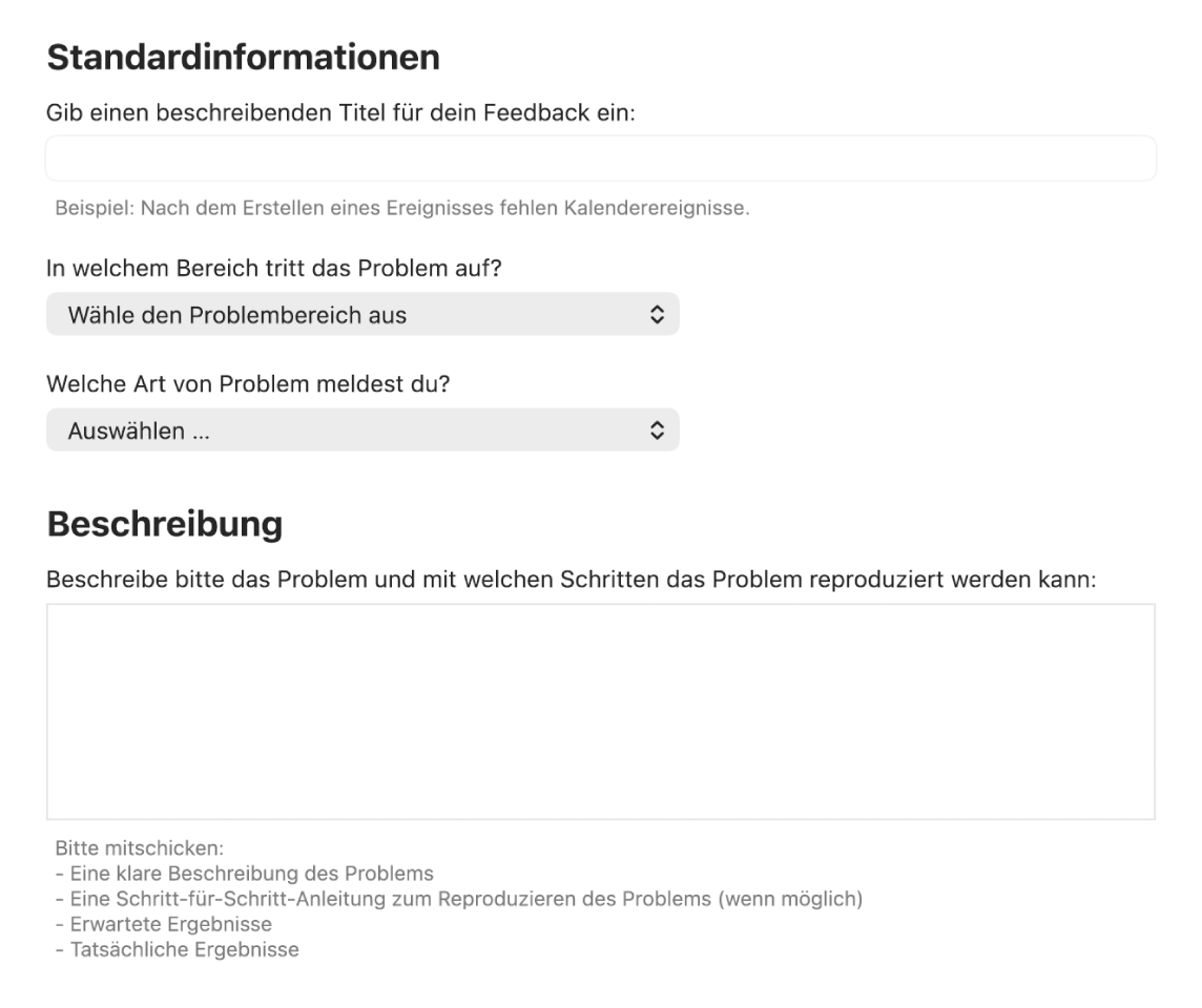 Feedback-Formular mit Feldern für wichtige Informationen und Beschreibungen.