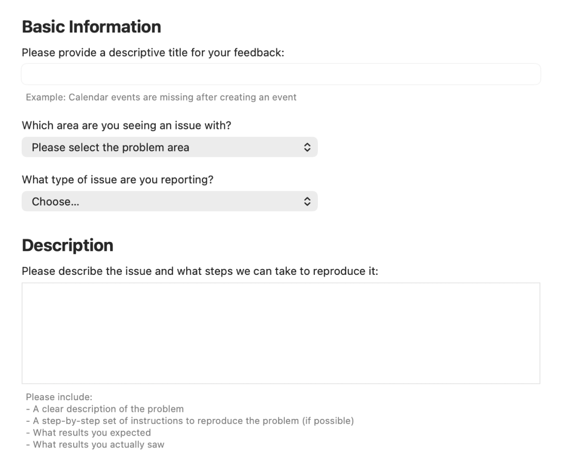 A feedback form showing the basic information and description fields.