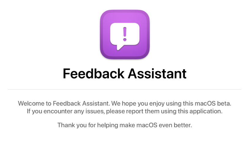 La ventana de bienvenida a Feedback Assistant.