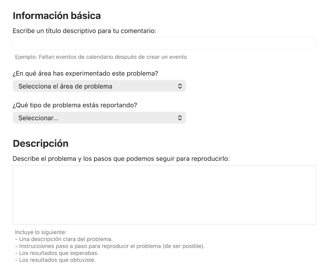 Un comentario mostrando la información básica y los campos de descripción.