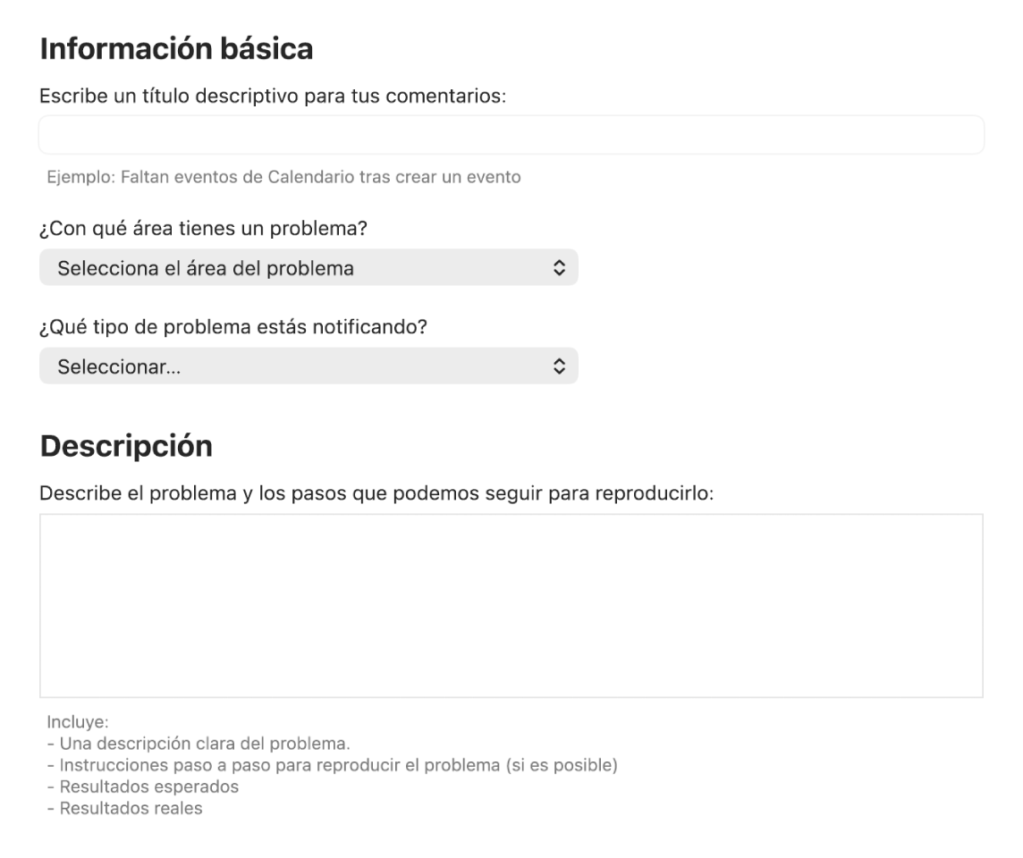 Formulario de comentarios con los campos de información básica y descripción.