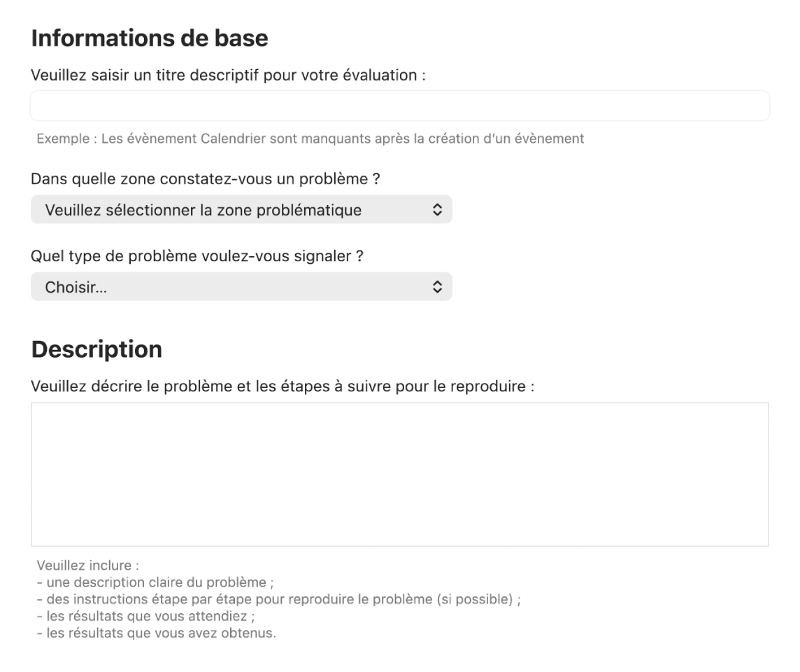Formulaire d’évaluation affichant les champs des informations de base et de la description.