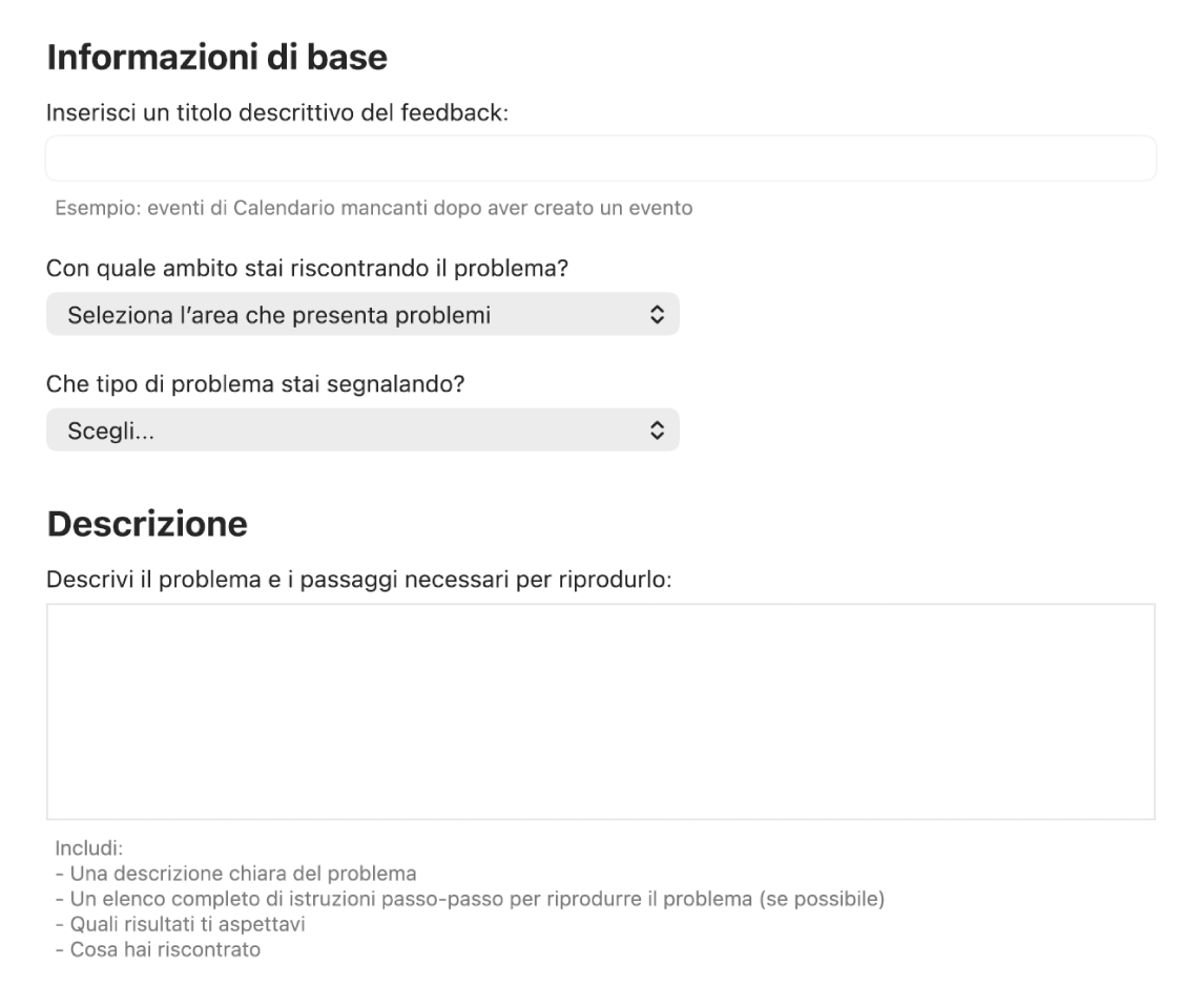 Un modulo di un feedback che mostra le informazioni di base e i campi della descrizione.