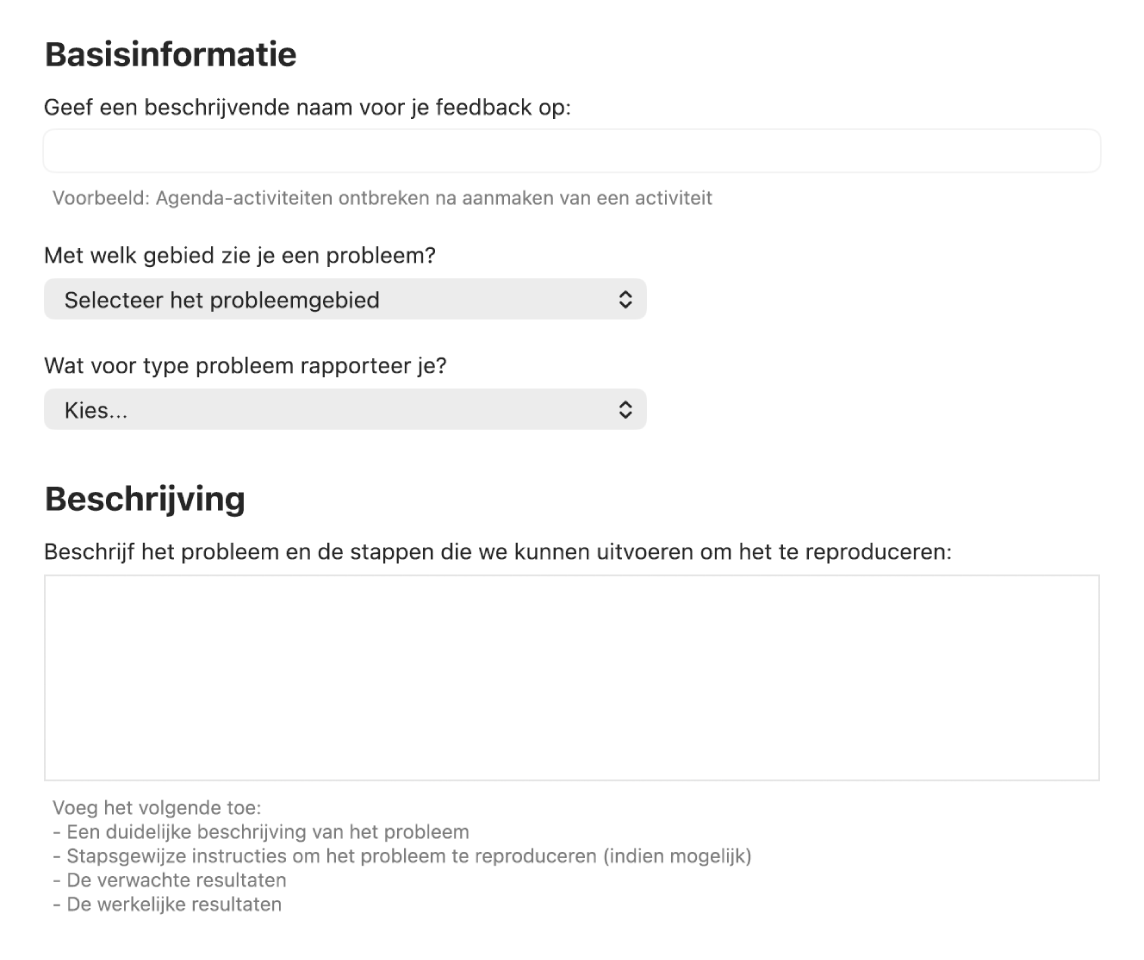 Een feedbackformulier met de velden voor standaardinformatie en de beschrijving.