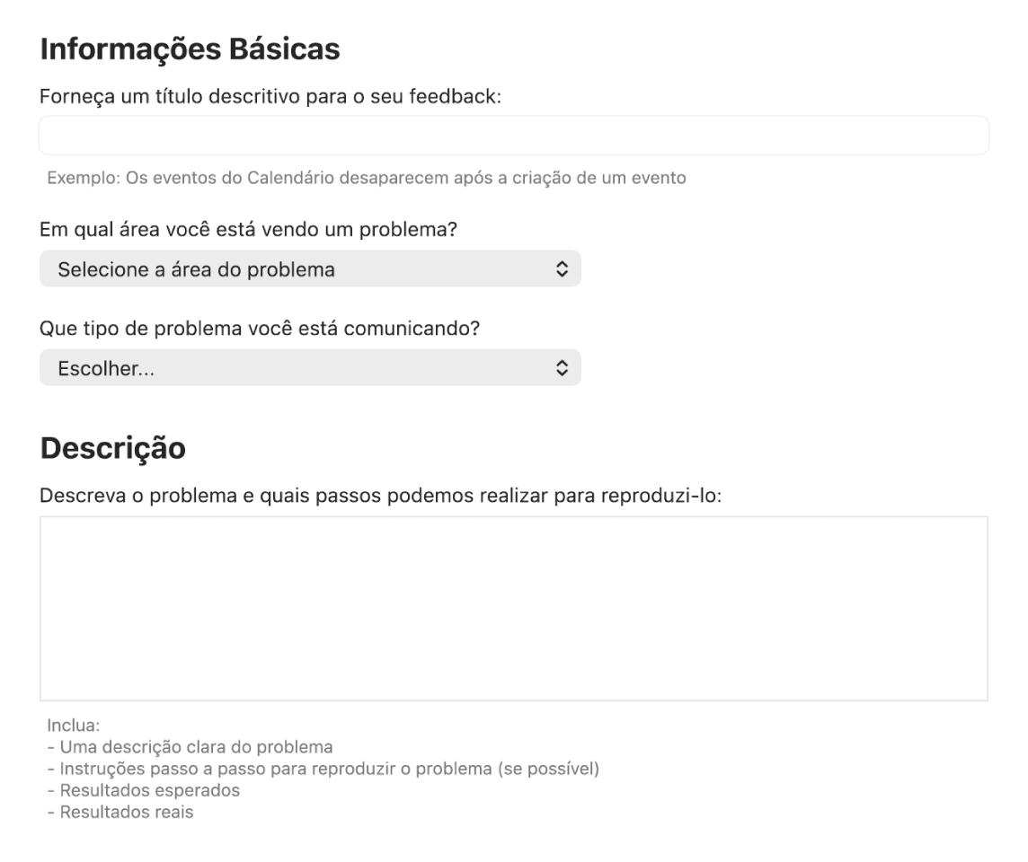 Formulário de feedback mostrando os campos de informações básicas e de descrição.