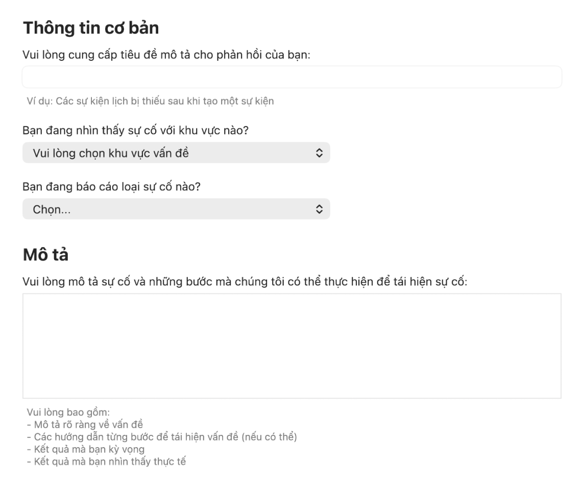 Một biểu mẫu phản hồi đang hiển thị các trường thông tin cơ bản và mô tả.
