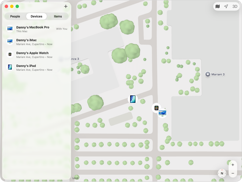 The Find My app showing a list of devices in the sidebar and their locations on a map.