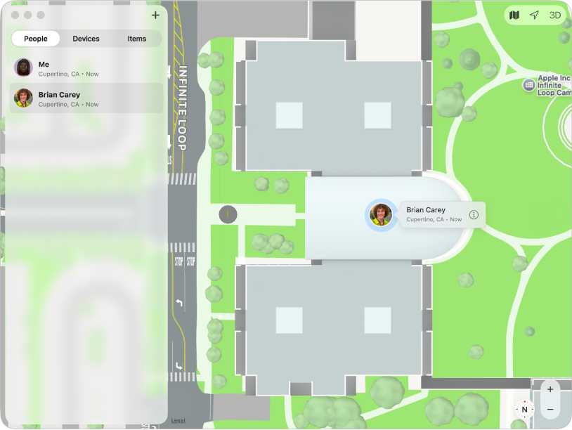 The Find My app showing a list of friends in the sidebar and their locations on a map.