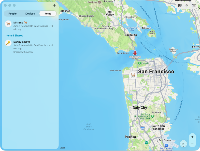The Find My app showing a list of items in the sidebar and their locations on a map.