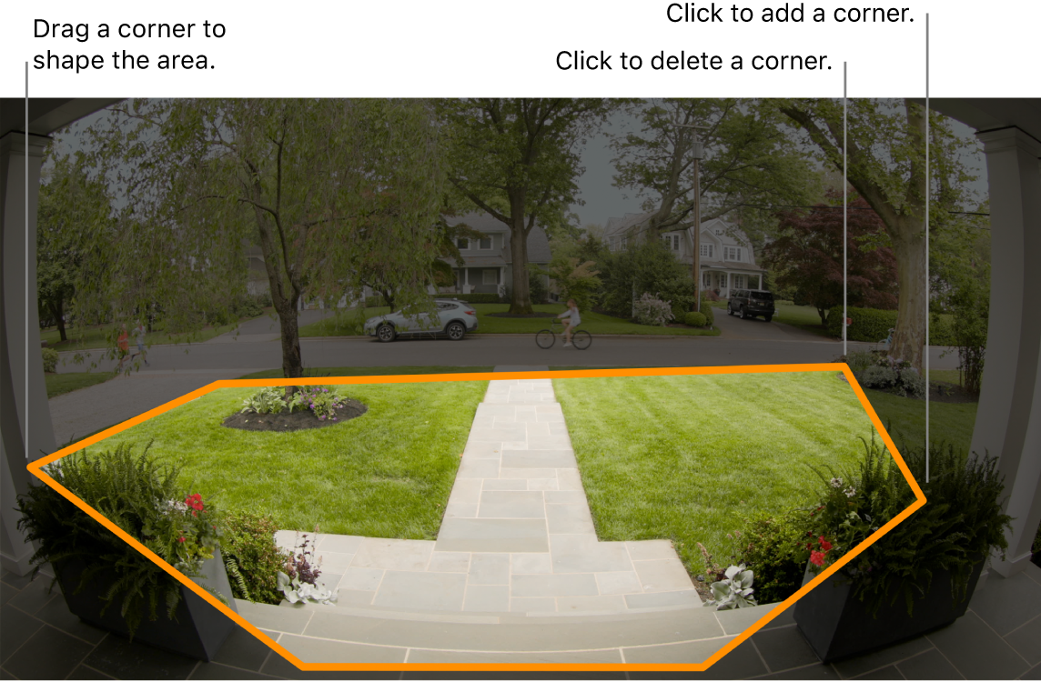 A camera view of an entrance, showing an outlined activity zone around the front yard.