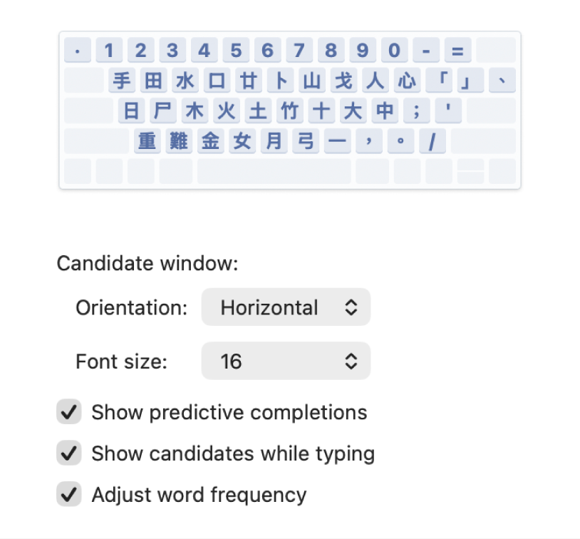 A Chinese keyboard layout in Input Sources settings, where you can add or remove input sources for different languages and choose other options.