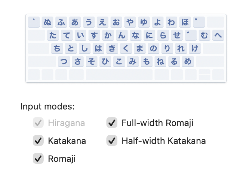 A Japanese keyboard layout in Input Sources settings, where you can add or remove input sources for different languages and select other options.