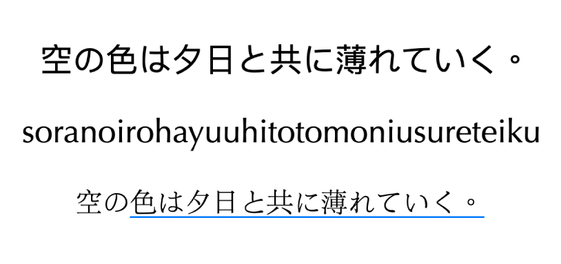 テキストエディット書類。ライブ変換でひらがなに変換したローマ字が表示されています。