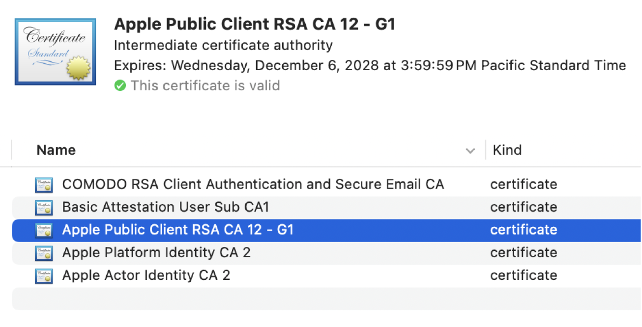 The Keychain Access window showing certificates.