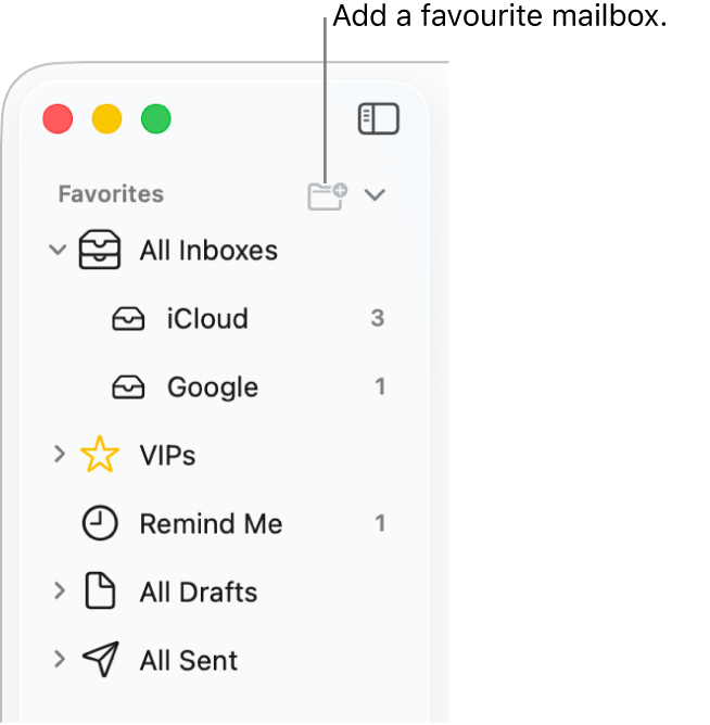 The Mail sidebar showing different accounts and mailboxes, and sections such as Favourites and All Drafts. At the top of the sidebar, click the button to the right of Favourites to add a mailbox to that section.